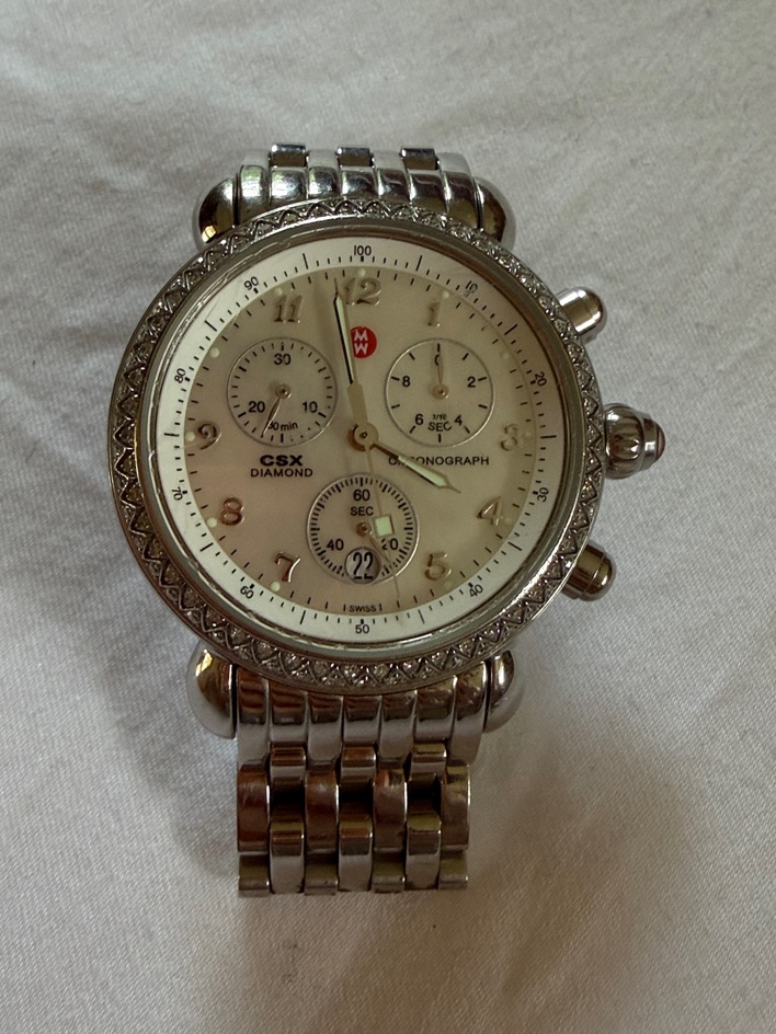 Michele Silver Tone Csx Diamond Chronograph Watch With Cream Dial